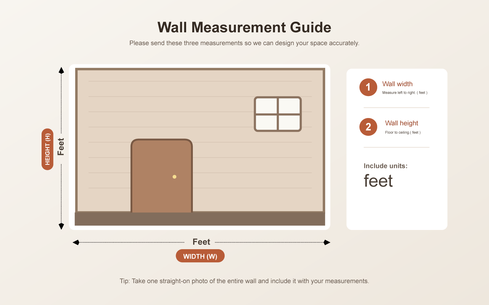 Wall measurement guide showing wall width and height measurements in feet